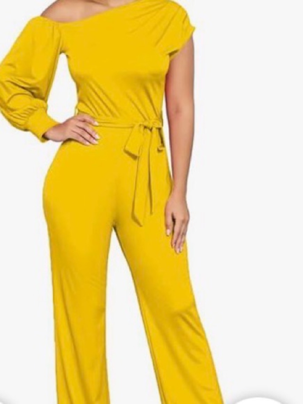 XXL Asymmetric One-Shoulder Yellow Wide-Leg Jumpsuit with Tie Waist